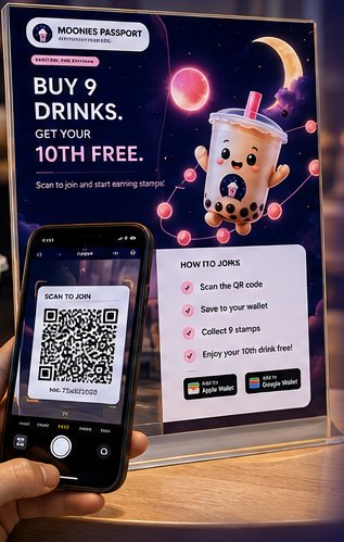 Customer scanning the in-store QR code on a loyalty poster to join the programme